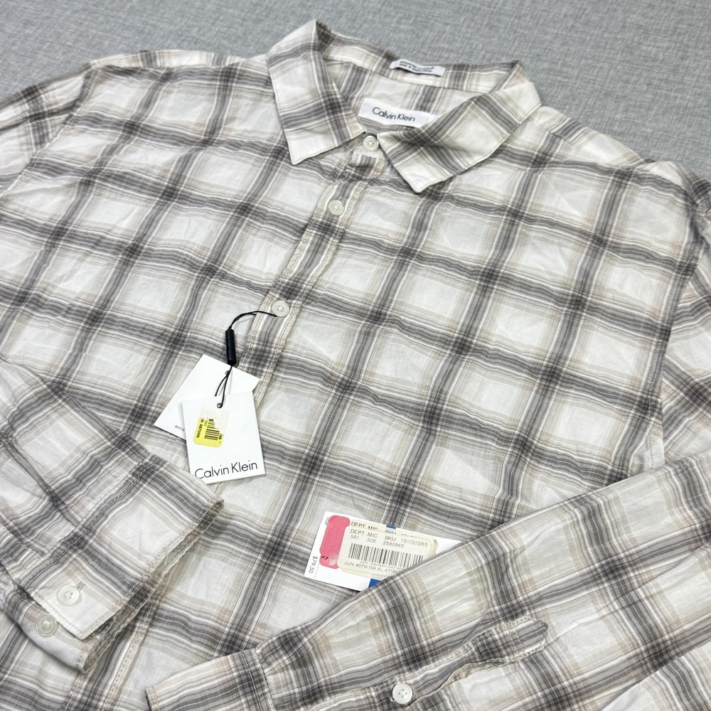 Calvin Klein Shirt Mens XL Beige Long Sleeve‎ Button-Up Plaid Cotton Relaxed Fit
